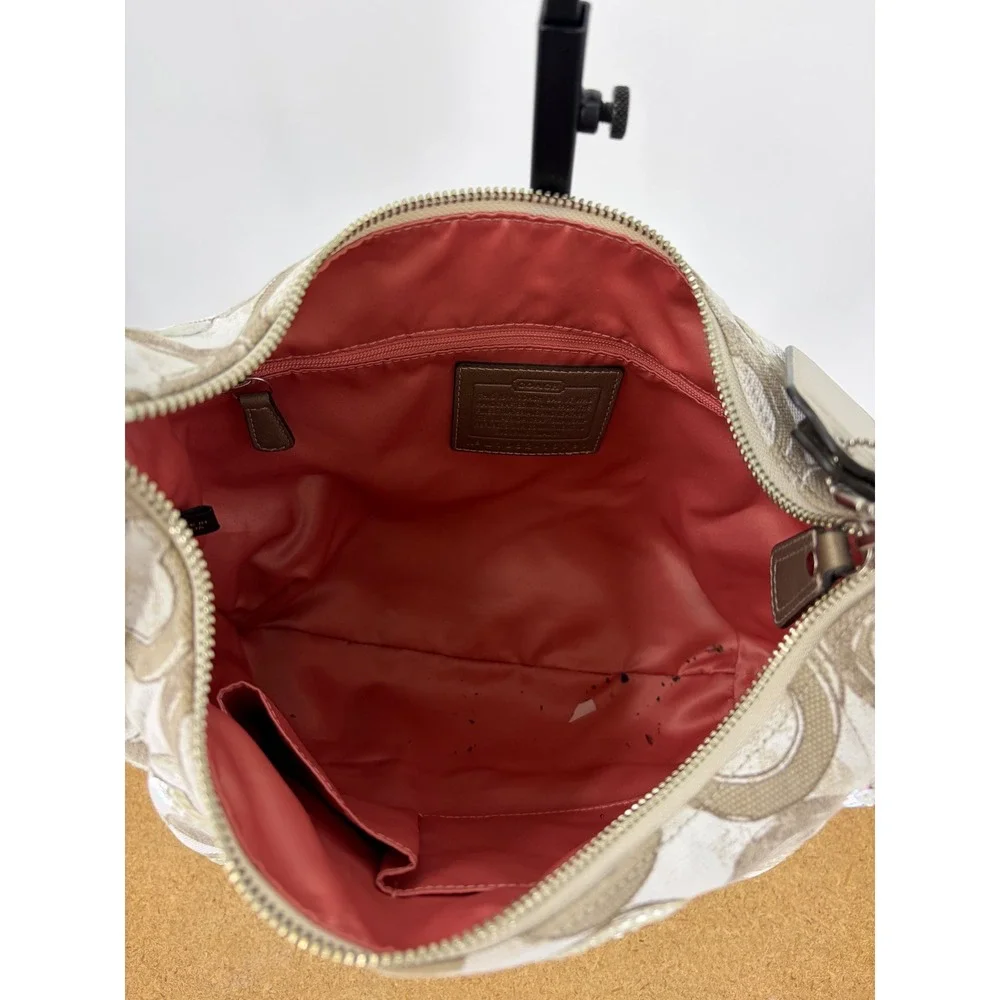 Coach Poppy Signature Sequin Applique Hobo Bag Khaki Cream 16791 with Pouch